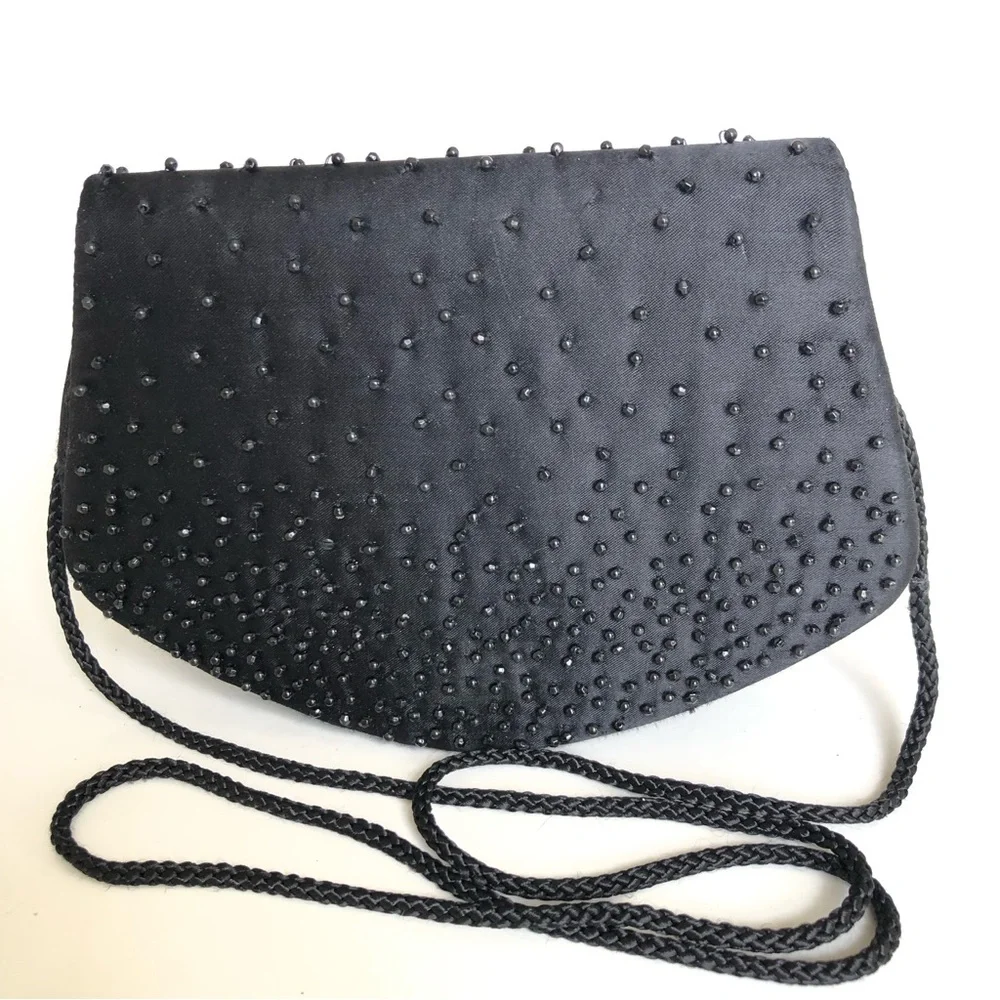 La Regale Vintage Clutch Black Beaded Satin Purse